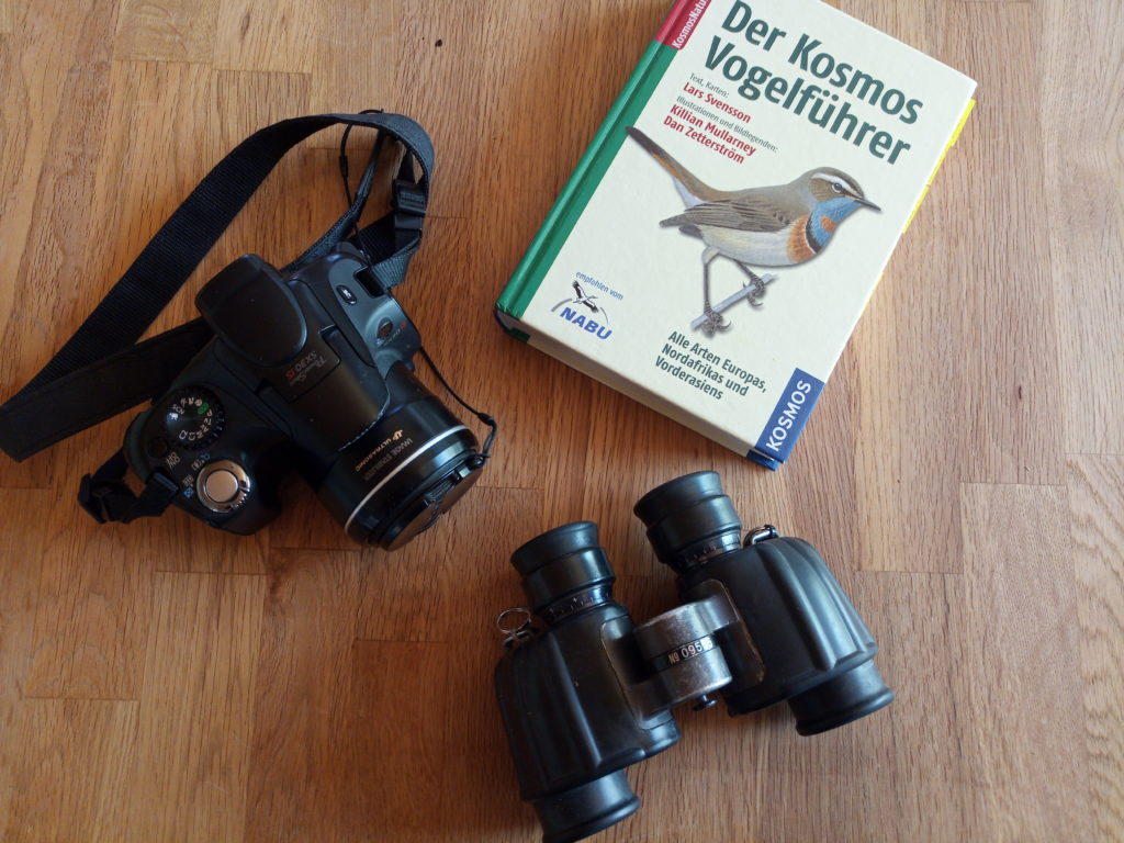 Feldstecher, Bestimmungsbuch und Fotoaparat. Das sollte man auf einer Birding Exkursion dabei haben.