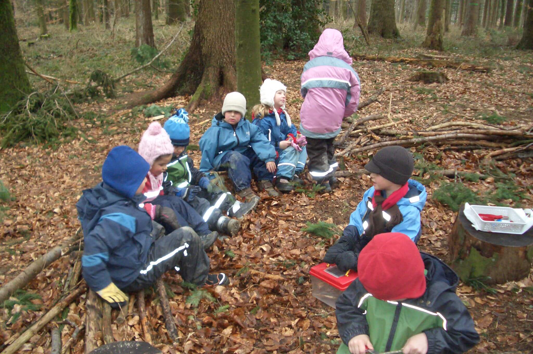 Viele Kinder spielen im Wald.